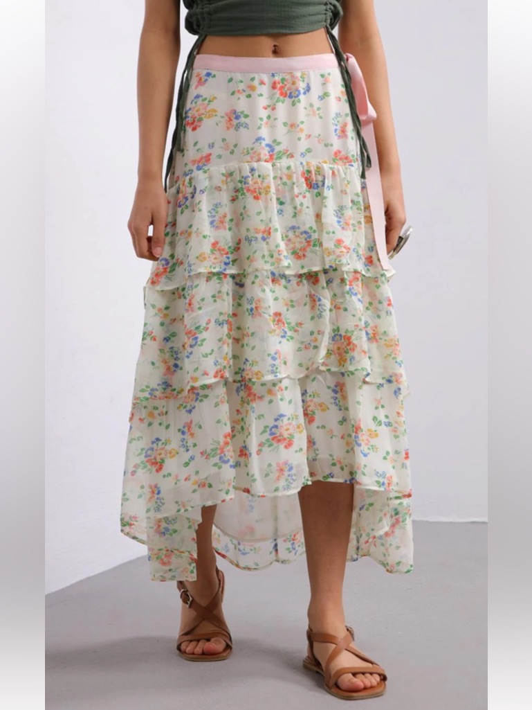 Loveshackfancy Adonis Floral Tiered Silk High Low Skirt